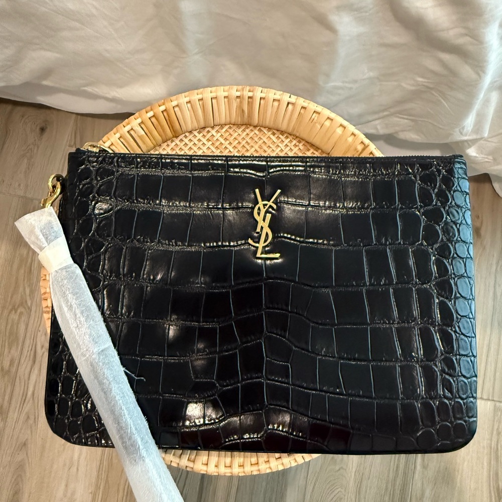Saint Laurent Black Croc Embossed Clutch